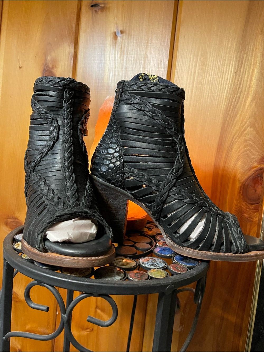 Freebird Bella Black Braided Cutout Peep-Toe Block Heel Ankle Boots